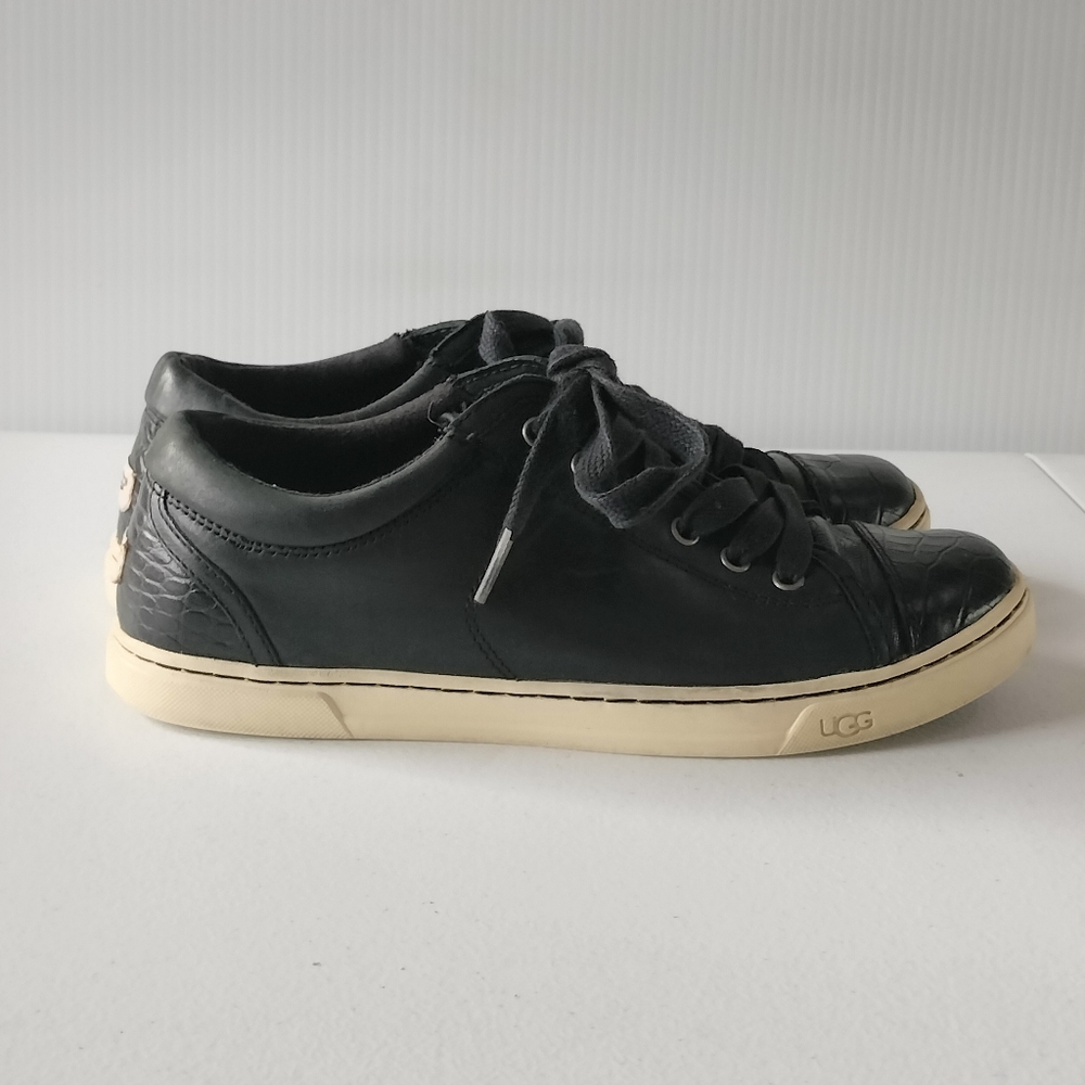 UGG Taya Croco Black Leather Tie Up Sneakers 8 Fur Travel Comfort Sporty - Picture 5 of 9